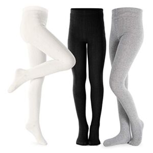 Girls Tights Toddler Cable Knit Cotton Footed Seamless Dance Ballet Baby Girls’ Leggings 3 Pack Black/Ivory/Grey 5-6Y