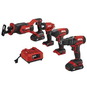 SKIL 4-Tool Kit: 20V Cordless Drill Driver, Impact Driver, Reciprocating Saw and LED Spotlight, Includes Two 2.0Ah Lithium Batteries and One Charger – CB739601, White