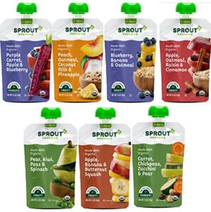 Sprout Organic Baby Food, Stage 2 Pouches, 12 Flavor Fruit Veggie & Grain Variety Sampler, 3.5 Oz Purees (Pack of 12)