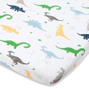 Bassinet Fitted Sheet Compatible with Halo, Fisher Price, Delta, Graco – Fits Perfectly on 15 x 33 Inch Oval, Rectangular Mattress Pad – Snuggly Soft Jersey Cotton – Dinosaurs – 1 Pack