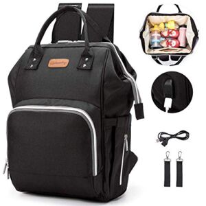 Large Capacity Diaper Bag Backpack with USB Charging Port, Multi-Function Travel Backpack, Waterproof Nursing Bag for Mommy, Baby Nappy Bag with Anti-Theft Pocket – Include 2 Stroller Straps (Black)