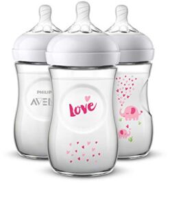 Philips Avent Natural Baby Bottle with Pink Elephant Design, 9oz, 3pk