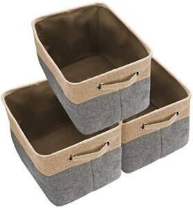 Awekris Foldable Storage Bin Basket Set [3-Pack] Canvas Fabric Collapsible Organizer With Handles Storage Cube Box For Home Office Closet, Grey/Tan (Grey)