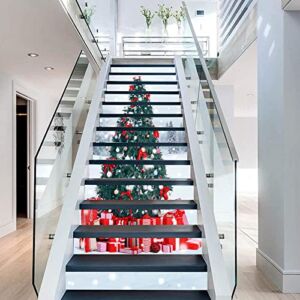 FLFK 3D Christmas Tree with Red Present Boxes Stair Stickers Self-AdhesiveStair Decals Stair Riser Decal Peel and Stick Vinyl Xmas Party Home Staircase Decor 39.3″ w x 7″ h x 13pieces