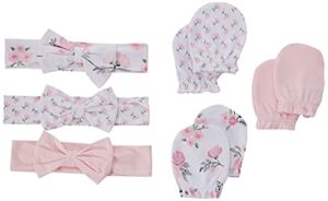 Hudson Baby Infant Girl Cotton Headband and Scratch Mitten Set Pink Floral, 0-6 Months
