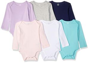 Amazon Essentials Baby Girls’ Long-Sleeve Bodysuits, Pack of 6, Pink/Purple/Aqua Blue, 24 Months
