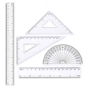 12 inches Plastic Ruler & 6 inch Straight Ruler & Plastic Measuring Tool Strong Hard Protractor Triangle Set (Clear,Pack of 5)
