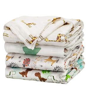 Baby Swaddle Blanket Upsimples Unisex Swaddle Wrap Soft Silky Bamboo Muslin Swaddle Blankets Neutral Receiving Blanket for Boys and Girls, 47 x 47 inches, Set of 4 – Fox/Elephant/Giraffe/Dinosaur