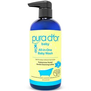 PURA D’OR All-in-One Baby Wash (16oz / 473ml) USDA Biobased, Zero Sulfates, No Artificial Scents, Tear-Less, Hypoallergenic, Gentle, Calming 2-in-1 Baby Bath Wash & Shampoo (Packaging may vary)