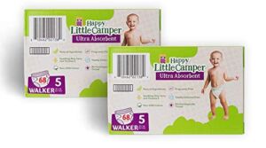 Happy Little Camper Ultra-Absorbent Hypoallergenic Natural Disposable Baby Diapers, Chlorine-Free Protection for Sensitive Skin, Size 5, Walker, 136 Count (2 Boxes of 68 Count Each)