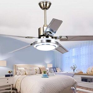 LUOLAX Stainless Steel 5 Blades Remote Control Ceiling Fan Light with Three-Color Changes LED Chandelier Decorate for Bedroom, Dinning Room (48 Inch)