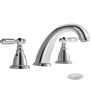 8 Inch 3 Hole Widespread Bathroom Faucet with Metal Pop Up Drain by phiestina, Chrome Widespread Bathroom Sink Lavatory Faucet, WF008-4-C