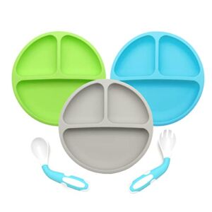Baby Plates Toddler Plates with Suction,Silicone Suction Plates for Babies and Toddlers,Baby Divided Plates with Spoon Fork,Kids Plates BPA Free,Dishwasher and Microwave Safe (Green Blue Grey)