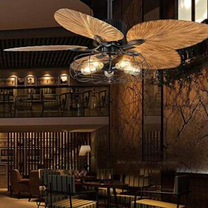 Industrial Cage Ceiling Fan with Light Tropical 5 Lights Remote Control Indoor Chandelier Fan Light Palm 5 Reversible Blades Vintage Quiet Fan Light, Black Finish, 52-Inch