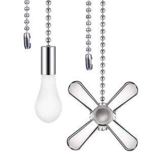 2 Pieces Metal Fan and Light Bulb Shaped Pull Chain Set with Connector, 1 Piece Length Extension Beaded Pull Chain in Box (Silver)