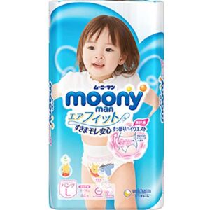 Baby Pull Up Pants Size L (20-31 lb) Girls 44 Count – Moony Pants Bundle with Americas Toys Wipes – Japanese Diapers Safe Materials, Indicator Prevents Leakage, Soft for Tummy Packaging May Vary