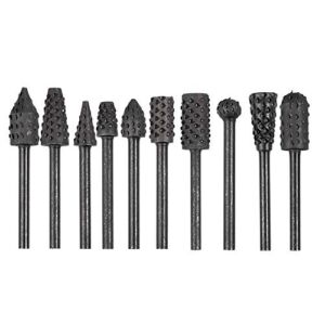 Bestgle 10Pcs 1/8”(3mm) Shank Rotary Burr Rasp Set Carbon Steel Wood Carving File Rasp Drill Bits Fit for Rotary Tools for DIY Woodworking Wood Plastic Carving Polishing Grinding Engraving