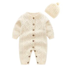 JunNeng Baby Newborn Cotton Knitted Sweater Romper Longsleeve Outfit with Warm Hat Set (Beige, Height 59-66cm/3-6 Months)