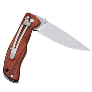 Folding Pocket Knife with Liner Lock 8Cr13MoV 3.74″ Stainless Steel Blade Brown Wood Handle EDC Knife with Belt Clip for Outdoor Camping Fishing Gift