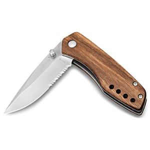 Pocket Knife with Clip Half-serrated EDC Liner Lock Knife 8Cr13MoV Stainless Steel Blade Zebra Wood Handle for Outdoor Camping Fishing Gift