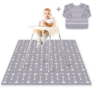Baby Splat Mat for Under High Chair (51″ x 51″) + Long Sleeve Bib! Washable Baby Floor Mat, High Chair Mat for Eating Mess/Arts/Crafts with Non-Slip Backing! Waterproof Baby Spill Mat Floor Protector