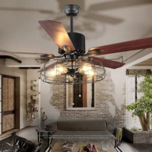 Fandian Modern Industrial Ceiling Fan with Lights Farmhouse Chandelier Remote Control Lamp 3 Speeds Reversible Lighting Fixture, Silent Motor, Bulbs Required