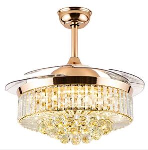 Saffbei Retractable Crystal Fandelier Ceiling Fan with Light Remote Control 3 Color Changes 3 Fan Speed Modern Chandelier Fans for Living Room Bedroom, Rose Gold