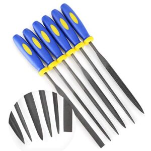 Mini Needle File Set (Carbon Steel 6 Piece-Set) Hardened Alloy Strength Steel – Set Includes Flat, Flat Warding, Square, Triangular, Round, and Half-Round File(6” Total Length)