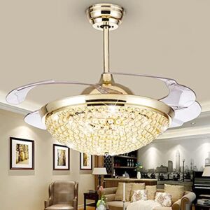 42” Panda Lighting Crystal Ceiling Fan with Light Modern Retractable Blades LED 3 Color 3 Speed Round Bowl Fan Chandelier Remote Control Indoor Fandelier Living Room, Gold