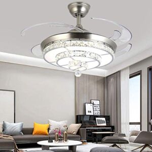 42″ Fandelier Crystal Ceiling Fan with Light and Remote Control 3 Color Change Invisible Retractable Blades Modern Chrome Chandelier Fan LED Lamp for Bedroom Living Room Dining Room(Silver)