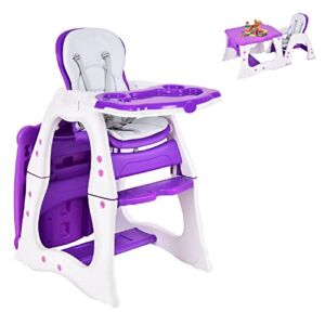 HONEY JOY 5 in 1 High Chair, Convertible Highchair for Babies and Toddlers/Table Chair Set/Booster Seat/Toddler Chair w/Safety Harness, Reclining Backrest, Double Food Tray (Purple)
