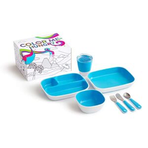Munchkin Color Me Hungry 7pc Toddler Feeding Supplies Set, Includes Plates, Bowl, Open Cup and Utensils in a Gift Box, Blue