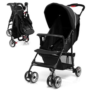 HONEY JOY Lightweight Stroller, Compact Travel Stroller for Airplane, Toddler Fold Pushchair w/Adjustable Canopy & Backrest, Storage Basket, Umbrella Stroller for Infants (Black)