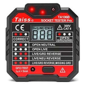 Taiss GFCI Outlet Tester New Advanced Receptacle Tester with Voltage Display 48-250V Power Socket Automatic Electric Circuit Polarity Voltage Detector Wall Plug Breaker Finder CAT II 300V TA106B