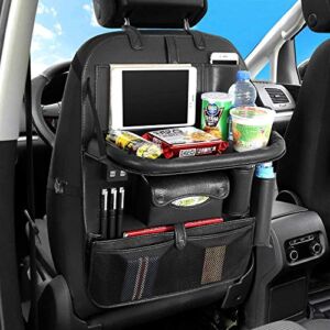 AUCD Back Seat Car Organizer with Tablet Holder and 4 USB Charging Port, Car Organizer for Kids Baby Toddlers Toy Bottles Storage Foldable Dining Table Family Road Trip Travel Accessories (Black)