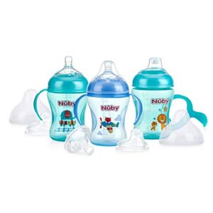 Nuby 3 Piece Natural Touch 3 Stage Wide Neck Breast Size Bottle-to-Cup, Boy (Pack of 1)