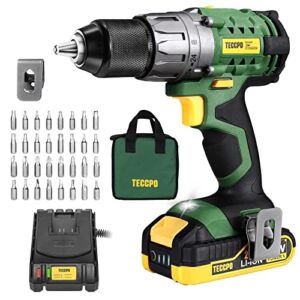 TECCPO Power Drill, Cordless Drill with Battery and Charger(2000mAh), 530 In-lbs, 24+1 Torque Setting, 0-1700RPM Variable Speed, 33pcs Accessories Drill Set, Drill with 1/2″ Metal Keyless Chuck