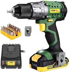 TECCPO Cordless Drill, 20V Drill Driver 2000mAh Battery, 530 In-lbs Torque, Torque Setting, Fast Charger 2.0A, 2-Variable Speed, 33pcs Accessories, 1/2″ Metal Keyless Chuck