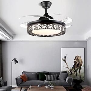 Retractable Ceiling Fans Light with Remote Control Three-color Change LED Invisible Ceiling Fan Chandelier Art Decoration (Black)