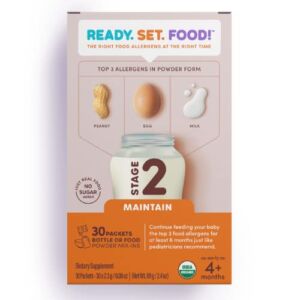 Ready Set Food | Early Allergen Introduction Mix-ins for Babies 4+ Mo | Stage 2 – 30 Days | Top 3 Allergens – Organic Peanut Egg Milk | Safe Easy Effective | For Bottle or Food