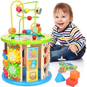 Victostar Activity Cube, 10 in 1 Bead Maze Multipurpose Educational Toy Wood Shape Color Sorter for Boys Girls