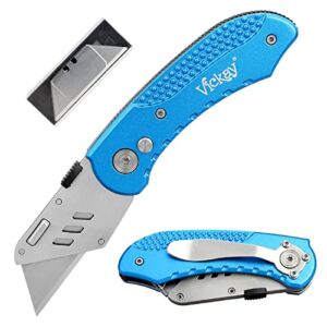 Folding Utility Knife Heavy Duty Box Cutter with 5 SK5 Quick Change Blades, Safety Axis Lock Design Razor Knife, Lightweight Aluminum Body Belt Clip for Office