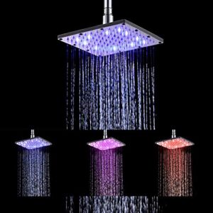 Ehauuo LED Shower Head 8 Inch Square All Chrome Water Temperature Controlled 3 Colors Lights Changing automatically Water Rainfall High-Pressure Bathroom Shower Head