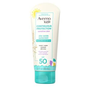Aveeno Kids Continuous Protection Zinc Oxide Mineral Sunscreen Lotion for Children’s Sensitive Skin with Broad Spectrum SPF 50, Tear-Free, Sweat- & Water-Resistant, Non-Greasy, 3 fl. oz