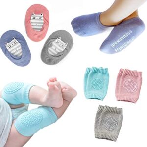 Baby Crawling Anti-Slip Knee and Anti Slip Baby Boys Girls Socks Best Infant Gift, Unisex Baby Toddlers Kneepads (Blue Pink Grey) 6-24 Months