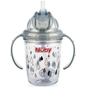 Nuby 2-Handle Printed No-Spill Thin Flip-It W/360 Weighted Straw Cup, Raindrops/Grey