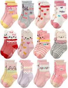 RATIVE Non Skid Anti Slip Cotton Dress Crew Socks With Grips For Baby Infant Toddler Kids Girls (1-3T, RG-820821)