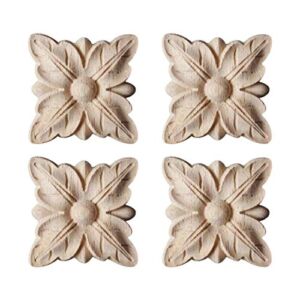 Enerhu 4 Pack Wood Carved Applique Onlay Square Carving Decal Leaf Pattern Unpainted Door Cabinet Furniture Decoration 1.97×1.97inch #9