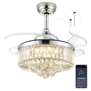 7PM Crystal Ceiling Fan with Lights Remote Control, 36 inch Modern Chandelier Ceiling Fan Dimmable Adjustable Color Temperature 6 Wind Speeds Fandelier Retractable Ceiling Fan for Bedroom Living Room