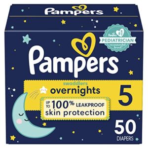 Pampers Diapers Size 5, 50 Count – Swaddlers Overnights Disposable Baby Diapers, Super Pack (Packaging May Vary)